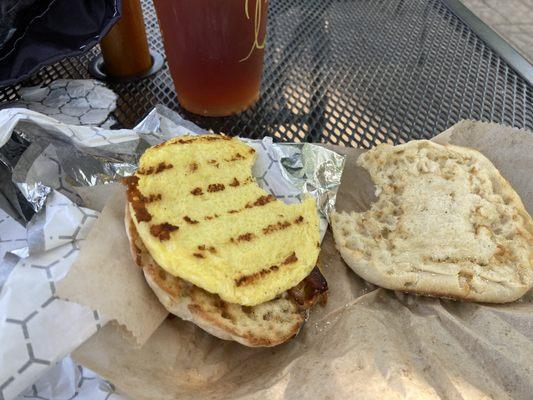 Thin dried-up egg with almost no bacon on a bland Thomas's English muffin.