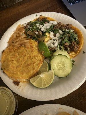 Asada tacos and mulita