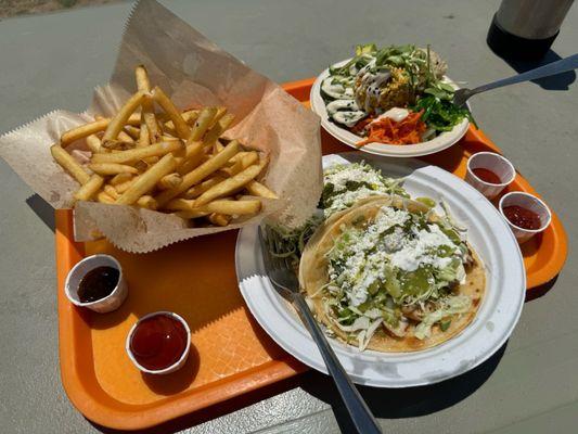 Fish Tacos, Fries, Tofu Bowl