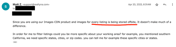 Here our support/Account Manager says "listings aren't stored onsite" which is False. All listings are stored directly on your site/DB