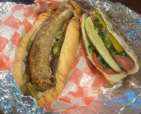 Sausage sub and Chicago-style hot dog.