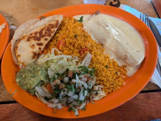 Veggie plate #1: mushroom quesadilla, bean enchilada with queso, guacamole, rice, and pico de gallo