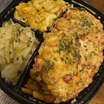 Mac n cheesr, cabbage and shrimp pasta