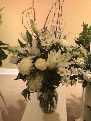 All white flowers for funeral w/Snapdragons & Lillies