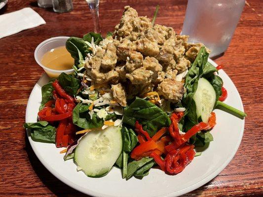 Thai chicken salad. I enjoyed the salad and I have plenty to take home. Hubs enjoyed the chicken.