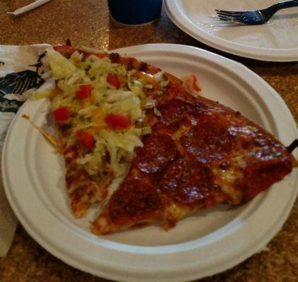 Taco pizza, pepperoni pizza.