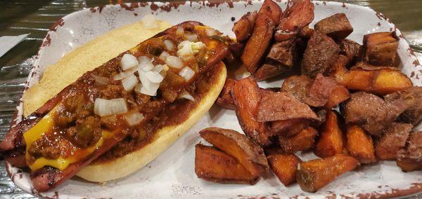 Chili Dog and Sweet Potatoes