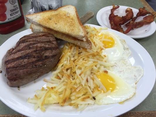 8 oz. Steak & Eggs with a side of bacon!