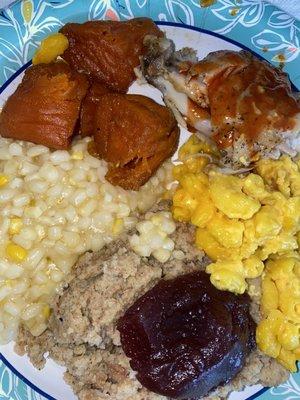 Baked Chicken & Dressing, mac n cheese, fried corn, candied yams