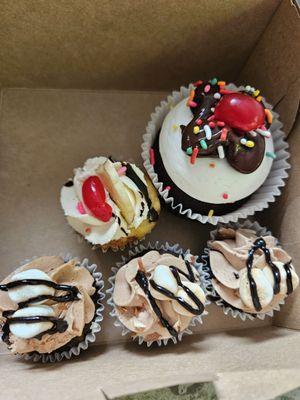 Hot fudge sundae, Rocky Road and Banana Split cupcakes