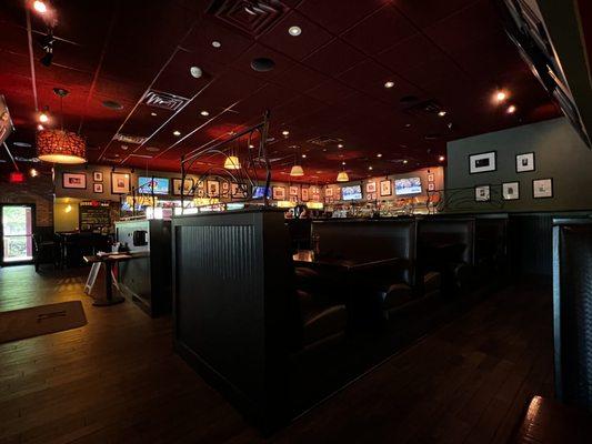 View of the dark indoor dining area.