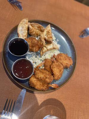 Coconut shrimp and Chicken Potstickers