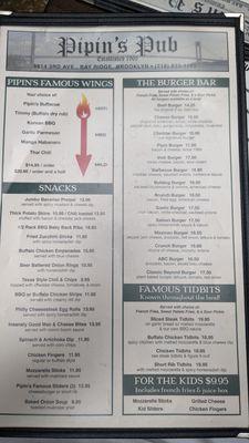 Menu from Pipin's Pub. Two of Two