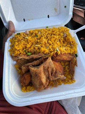 Ham fried rice with wings and Nile bream