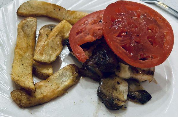 My leftover luncheon portion of Mushroom Jack Chicken Sandwich, with a few steak fries I chose to take home. Absolutely delicious!