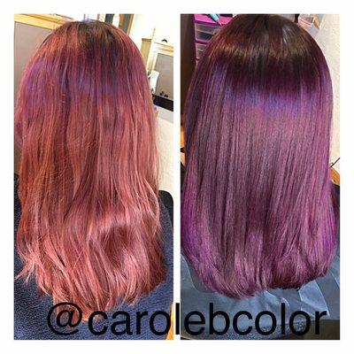 Before and after. Taking a faded red to a beautiful plum. Color done by Carole.