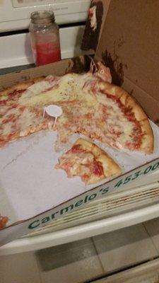 Soggy pizza,this was delivery. Ordered 2 large.  One extra cheese, pictured.  One half bacon, half pineapple. All soggy we had to rebake.