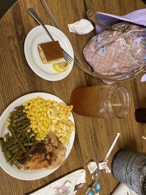 My lunch on Election Day. Lemon baked chicken, mac n cheese, corn and green w with cornbread and sweet tea/lemonade