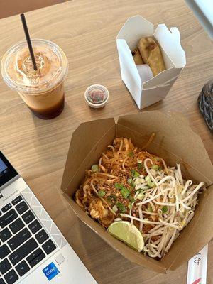 Chicken Pad Thai, Thai Tea, Spring Rolls w/ dipping sauce