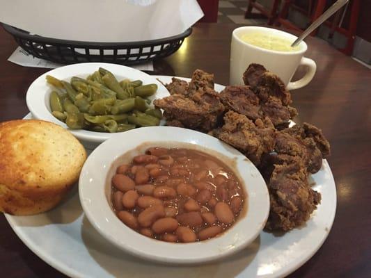 Chicken livers, green beans, pintos and cornbread and a side of broc cheddar soup