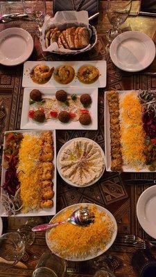 Baba Ghanoush Falafel Shrimp Charmoula Chicken Kabob Chicken Kefta Side of Rice