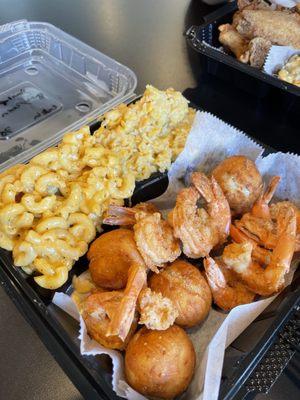 Shrimp & hush puppies platter with Mac & cheese & corn pudding!! Highly recommend!!