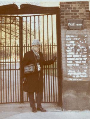 Papi at Pratt Institute door. 1971. Brooklyn, NY.