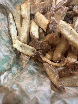 Tiny bits of cold bars fries. Not one fry longer than an inch in a large basket.