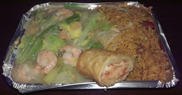 Shrimp Chow Mein, Pork Fried Rice, and Egg Roll