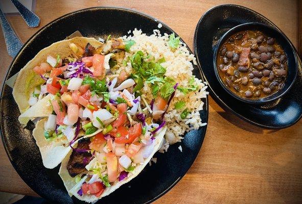 Fish tacos  with cilantro rice and seasoned black beans