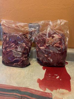 Bag full of blood leaked all over the counter from the vacuum sealed bad that wasn't sealed.