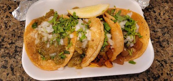 Chicharron tacos (2), Chorizo and Cueritos Tacos