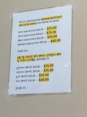 Jayna's prices are increasing as of June 1, 2021. Haircut menu.