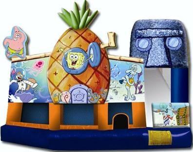 Spongebob 5 in 1 combo includes a basketball hoop , pop up obstacle, jump through obstacle, climb and slide. Always a big hit!