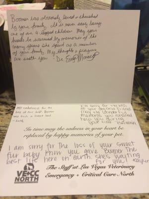 The card sent my the staff of the VE+CC after we lost Boomer. Signed by all of the staff involved.