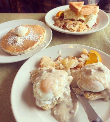 Country Benedict, pancakes, and The Big Texan breakfast sandwich