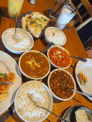 Butter Chicken, Garlic Naan, Lassi, Chana masala, Chicken Tikka Masala