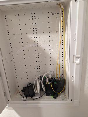 This is the patch panel. The Fiber comes into the ONT, which is the Fiber equivalent of a modem.