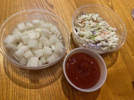 radish, cole slaw, ketchup