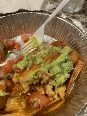 Tamale with some guac and pico de gallo.