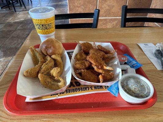 3 pc 5. Three Piece Southern Fried Catfish Combo. 20 shrimp and Dirty Rice. Fresh, hot and delicious.