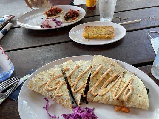 Seitan tacos and spinach and mushroom quesadilla