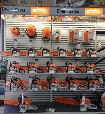 STIHL chainsaws and safety equipment.