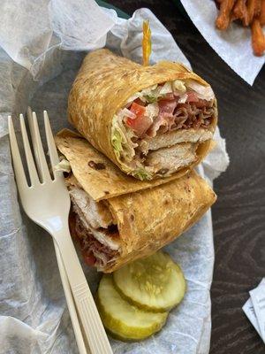 Chicken sandwich made into a wrap