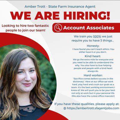 We're on the hunt to HIRE at Amber Trott-State Farm!! 
Looking to hire two fantastic people for our Account Associate positio...