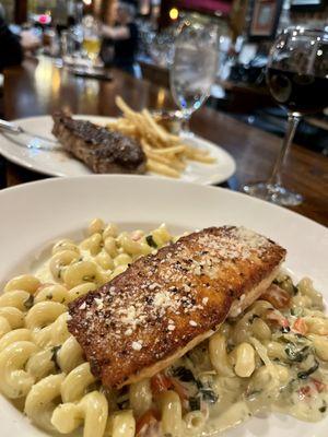 Salmon with cavatappi and NY strip