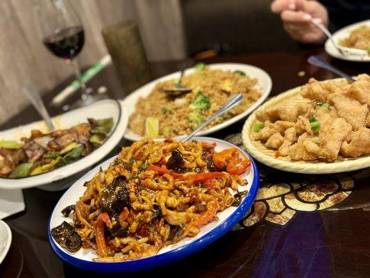 Shredded Pork With Garlic Sauce, Salt And Pepper Fish Filets, Double Fried Pork Belly, Vegetable Fried Rice