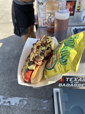 Alligator dog with avocado and bacon