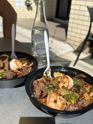 2 Hot and dirty bowls, add chimichurri--with steak & shrimp