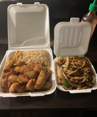 Orange chicken and Beef Lo Mein